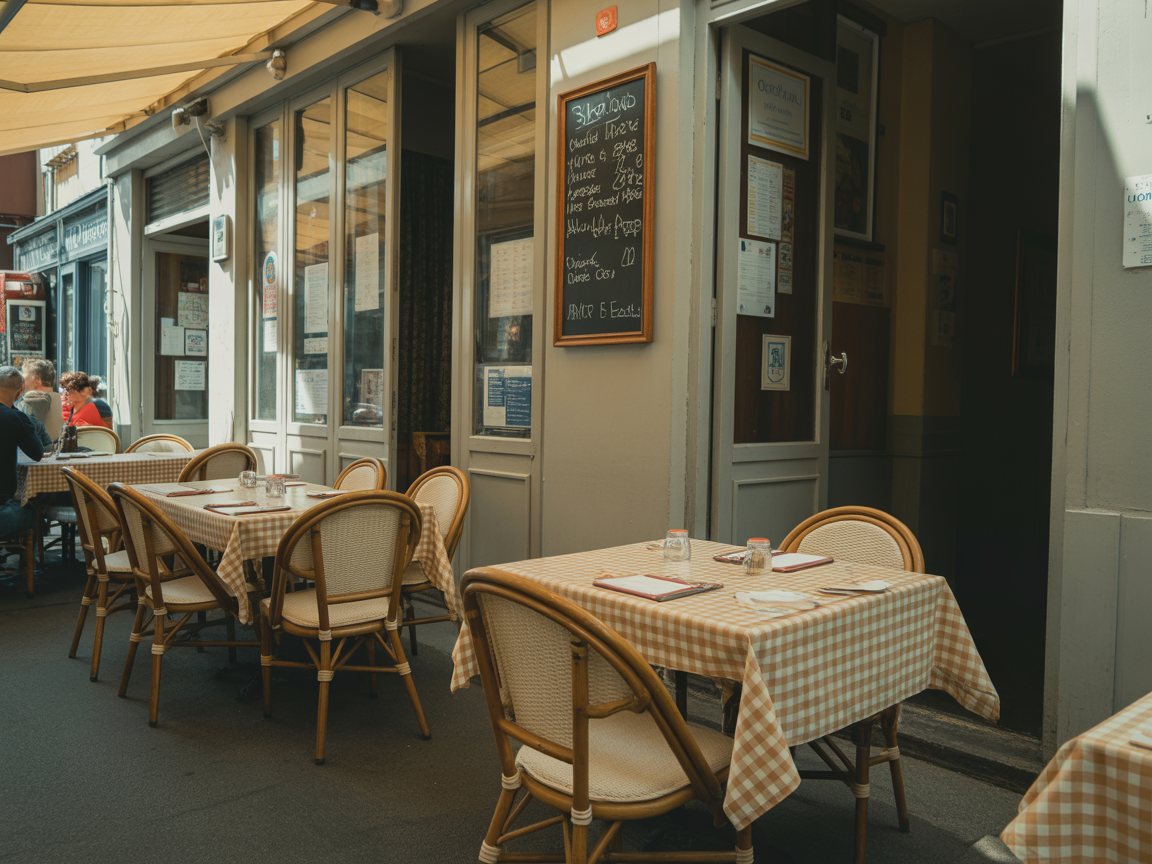 Une petite salle de restaurant aux nappes à carreaux