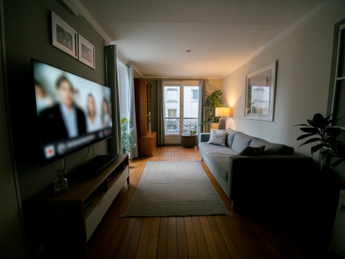 Un salon avec une télévision murale face au canapé