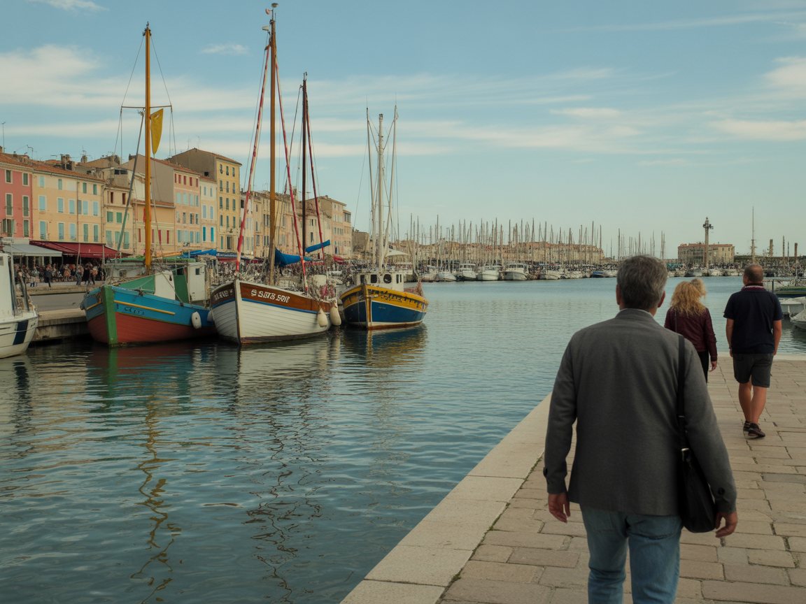 Le port de Sète au coucher du soleil, bateaux de pêche colorés