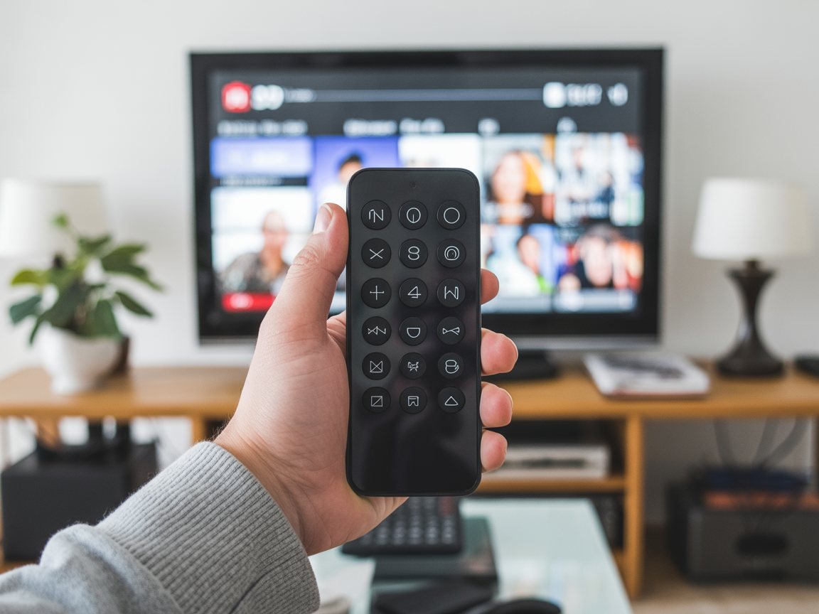 Un téléphone utilisé comme télécommande devant la télévision