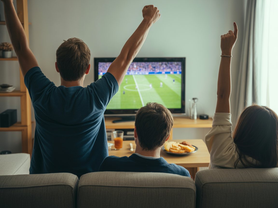 Des amis célèbrent un but devant la télé