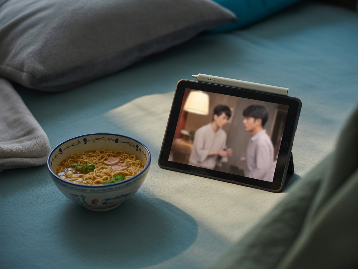 Une série coréenne sur une tablette, un bol de nouilles à côté