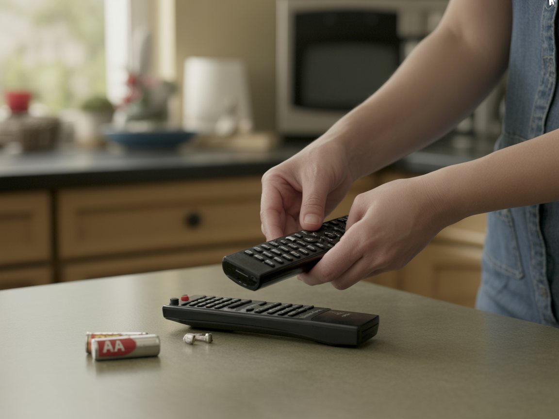 Des mains changent les piles d’une télécommande
