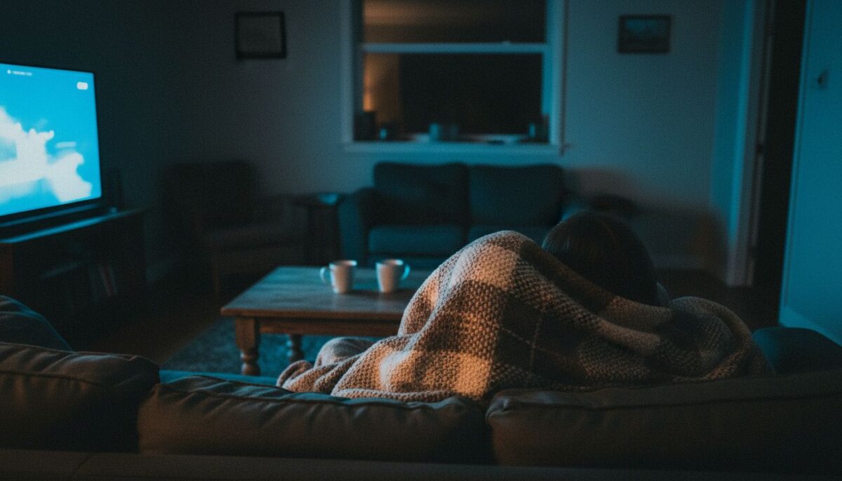 Deux personnes sous un plaid devant une série, dans un salon éclairé par l’écran
