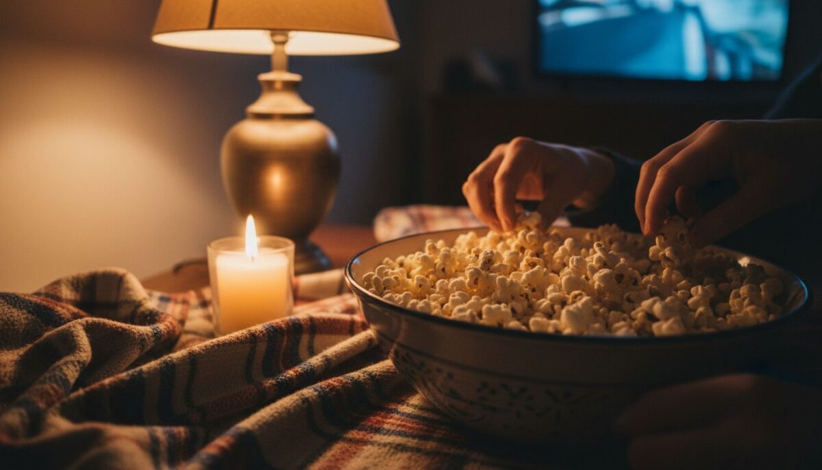 Des mains plongent dans un saladier de popcorn maison, sur un plaid, à la lueur d’une bougie