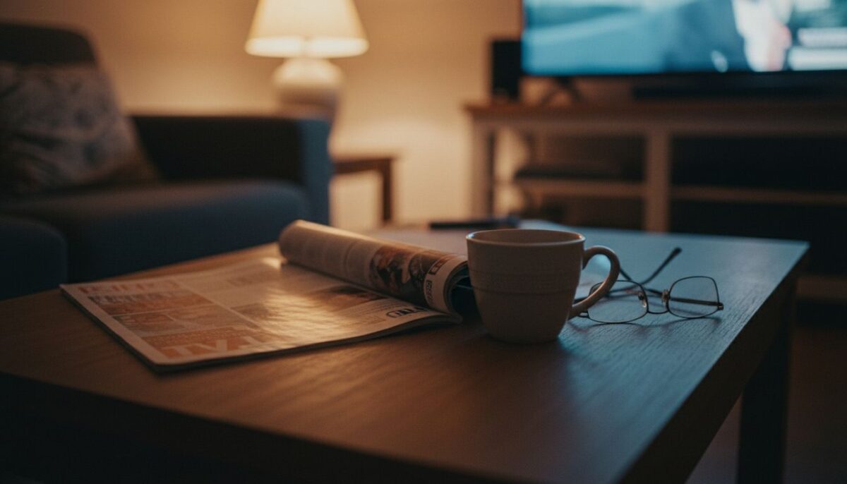 Un magazine télé ouvert sur une table basse, à côté d’une tasse de café et de lunettes