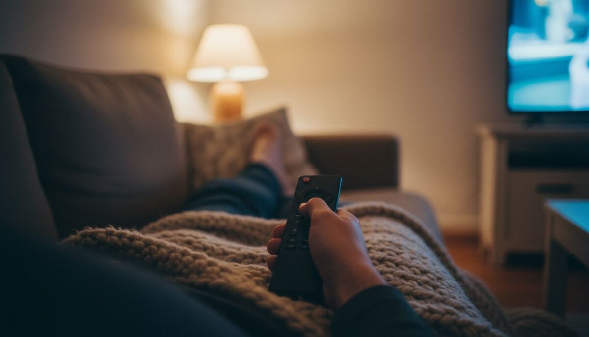 Une main tient une télécommande au-dessus d’un plaid en grosse maille