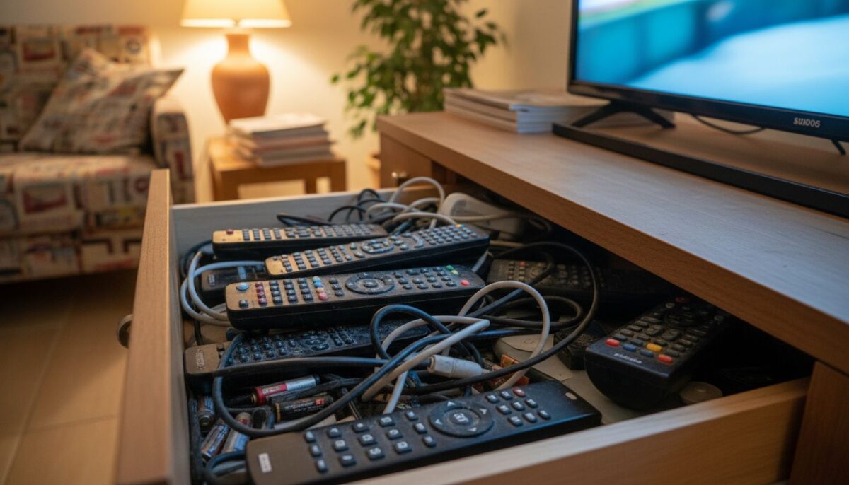 Un tiroir de meuble télé rempli de vieilles télécommandes et de câbles