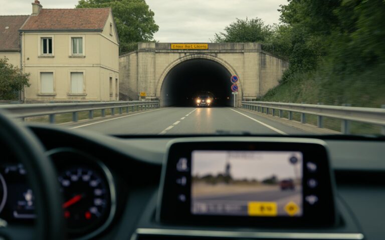 Vue de voiture vers tunnel sombre, phares flous.