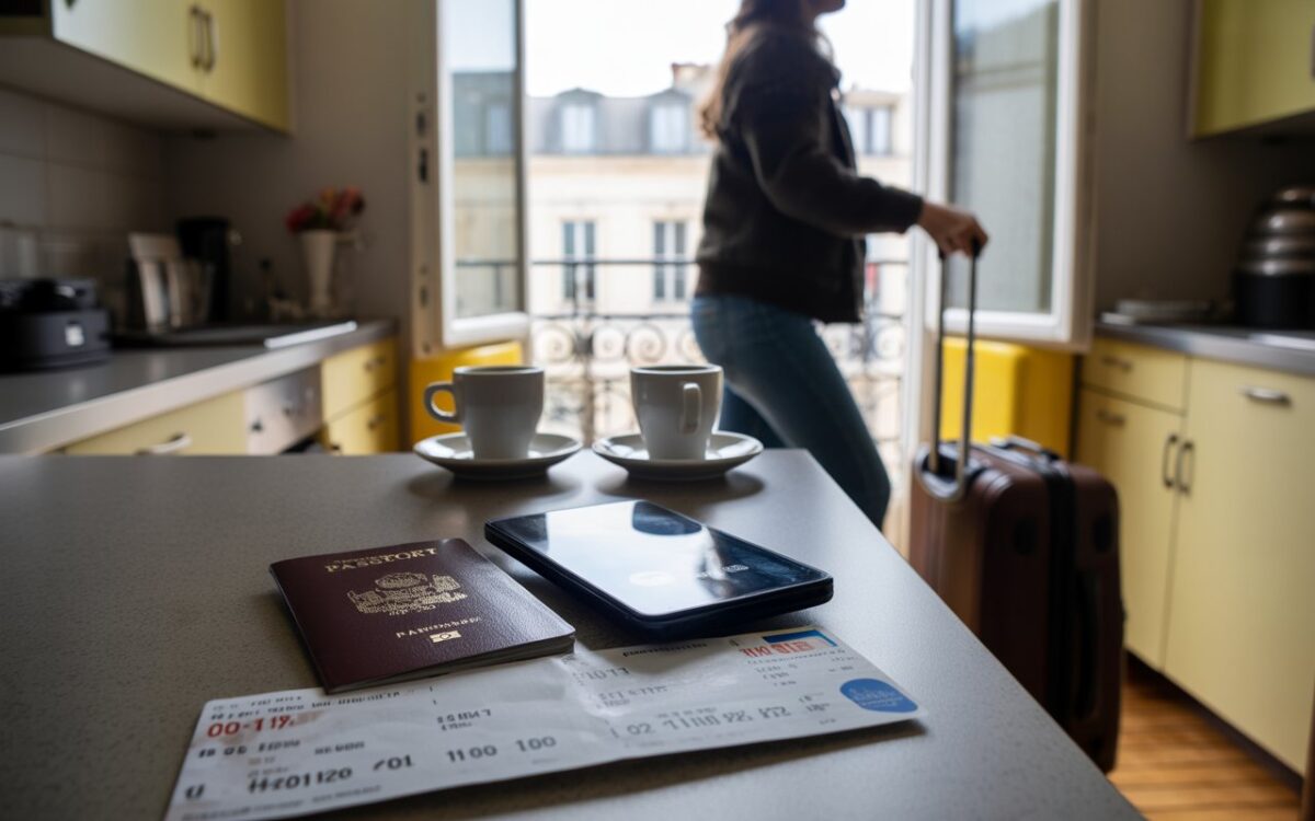 Passeport, valise et deux cafés sur table