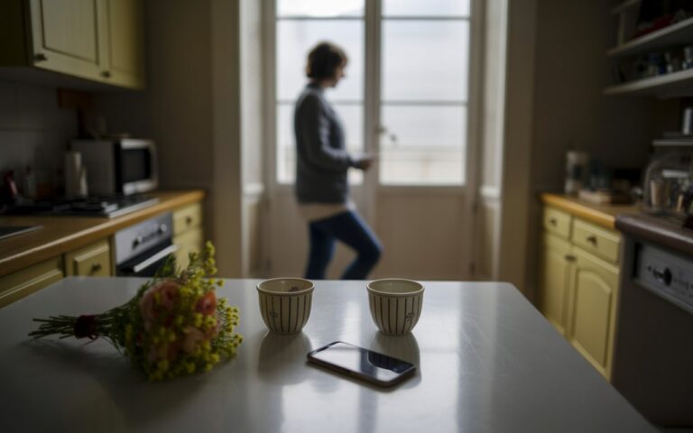 Cuisine, deux tasses et fleurs