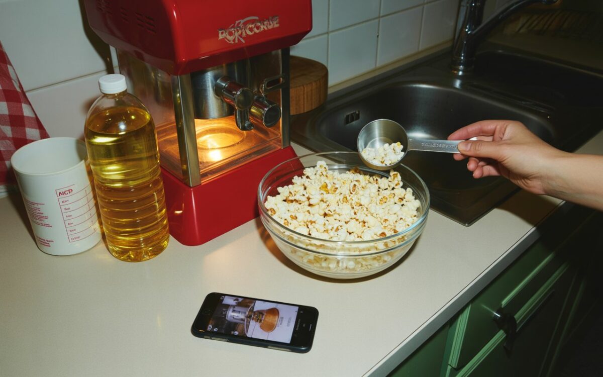 Machine à popcorn, bol et cuisine