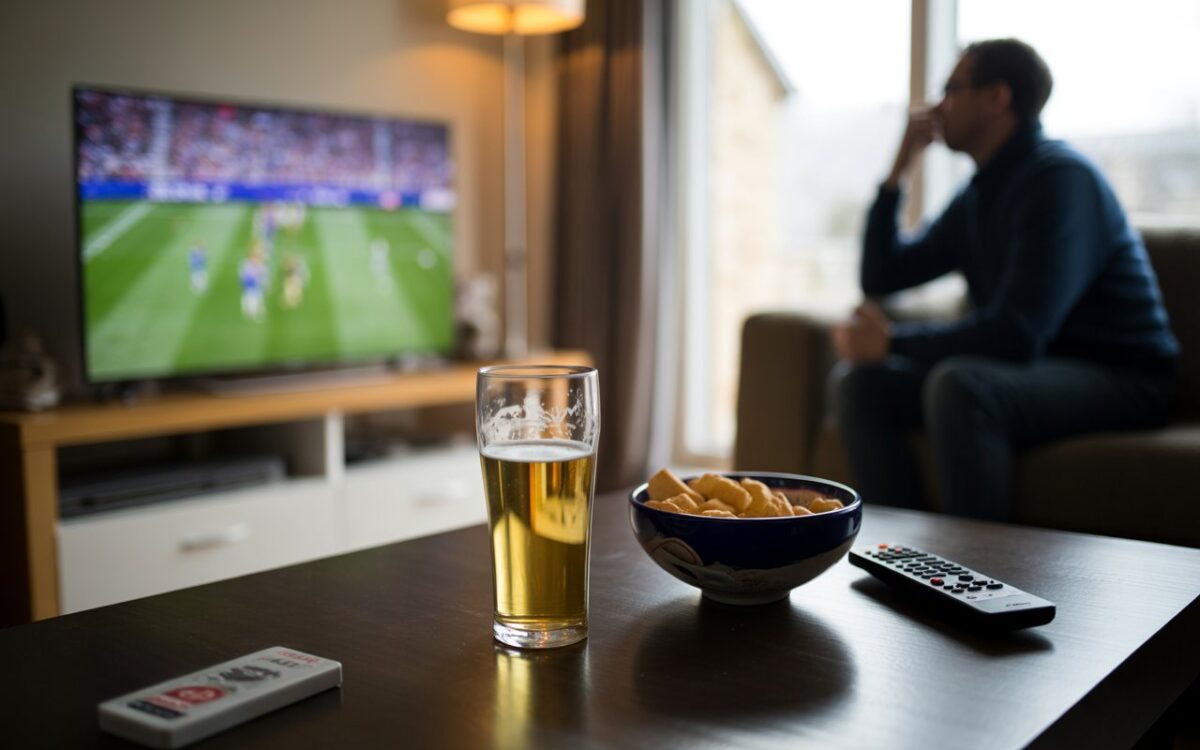 Salon, télé floue et bière