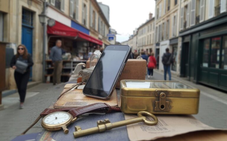 Objets anciens sur table de brocante
