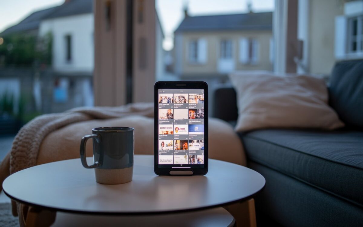 Tablette floue et mug au salon le soir