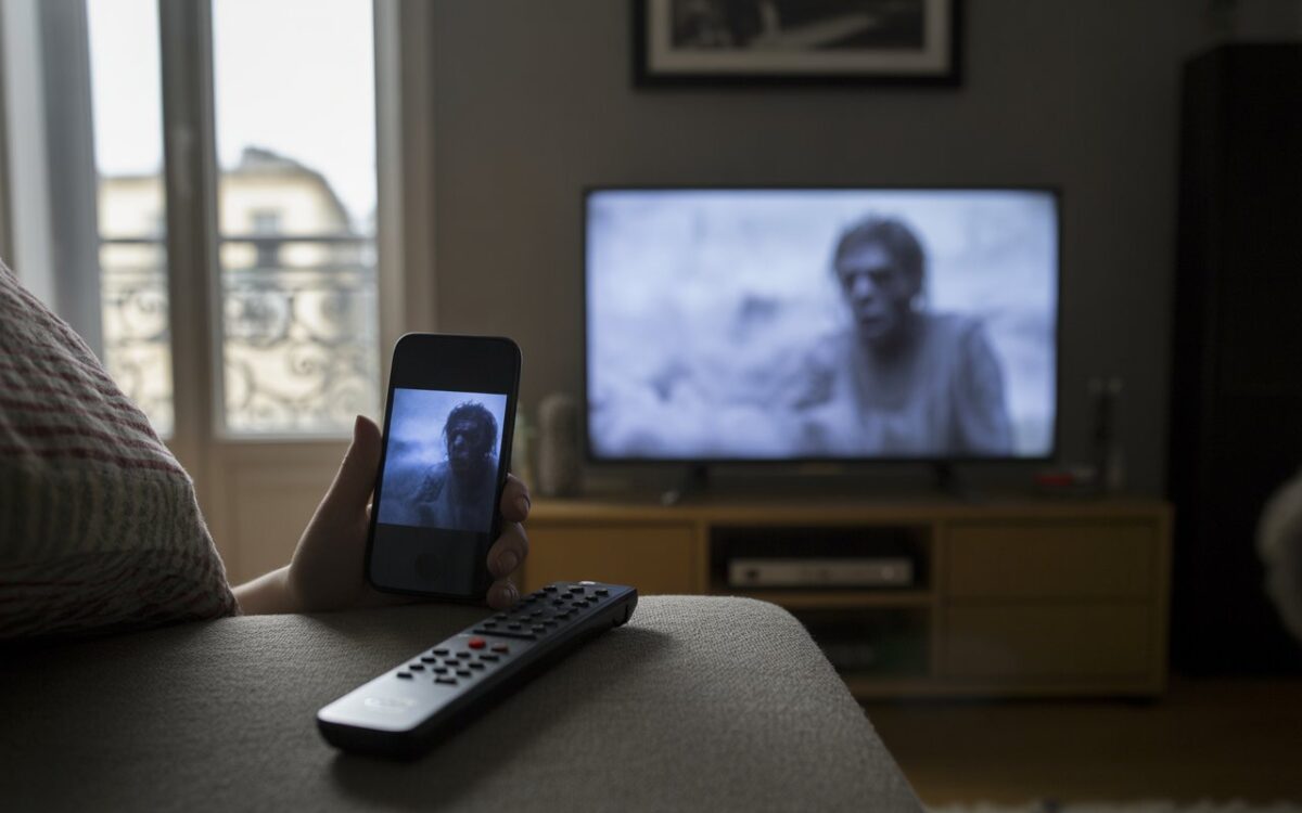 Télé floue, silhouette zombie et plaid au salon