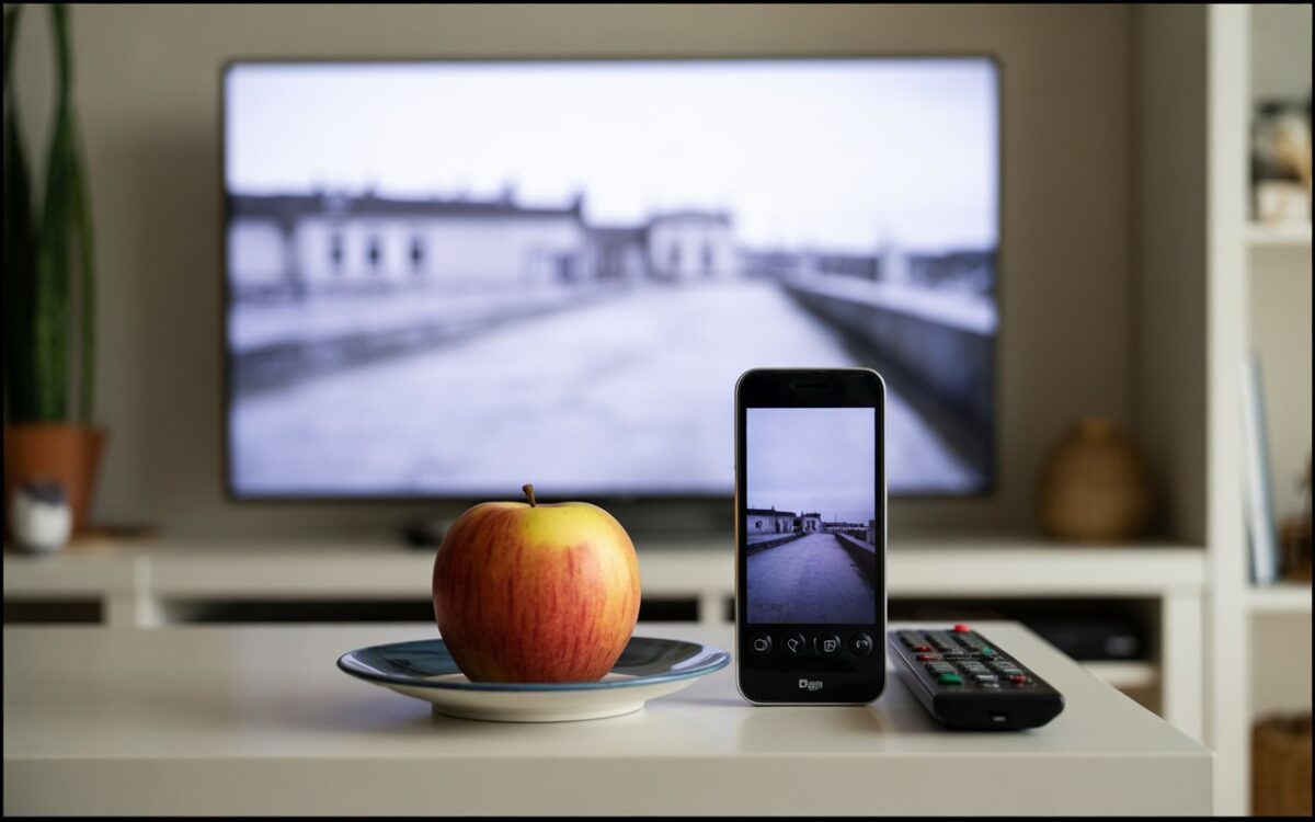 Pomme, télécommande et télé floue au salon