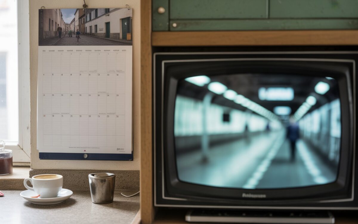 Calendrier vierge et télé floue à la cuisine