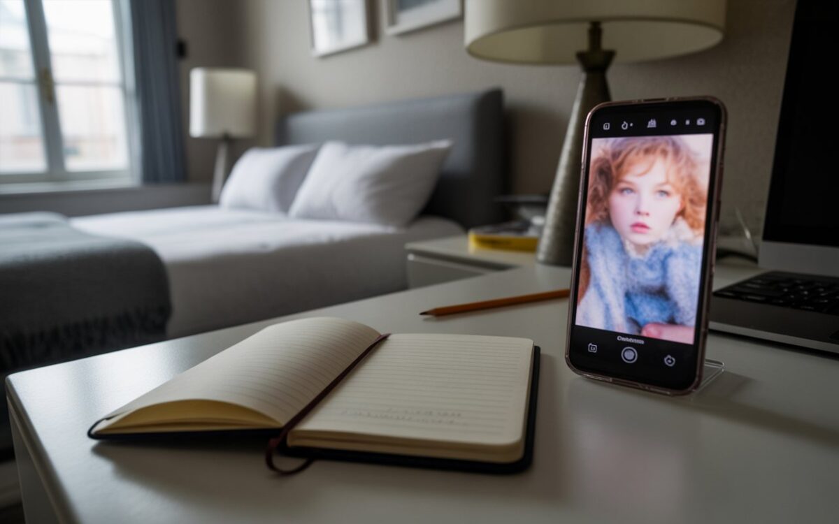 Bureau, carnet fermé et smartphone flou