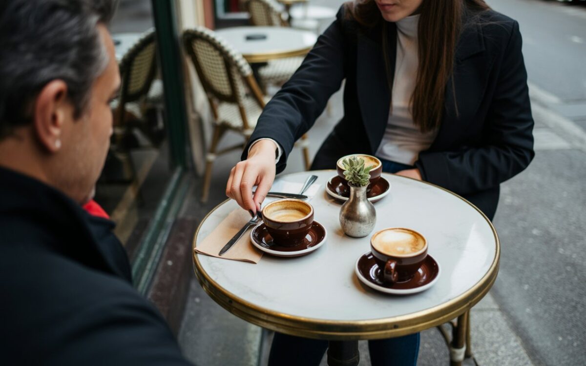Deux tasses et main à une table de café