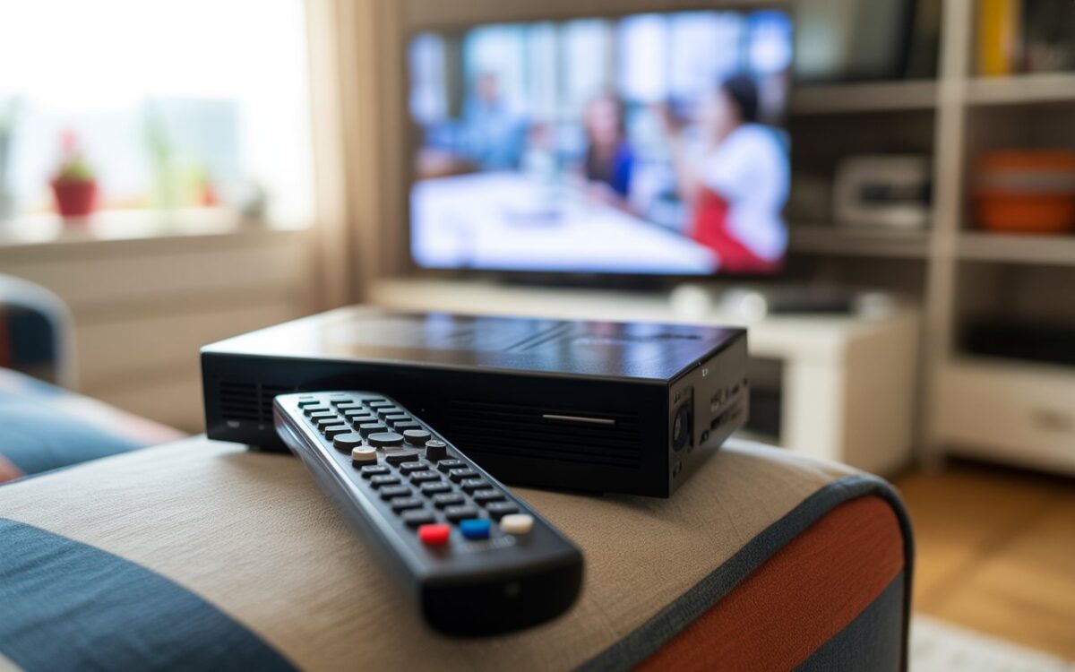 Télécommande noire, décodeur et télé floue