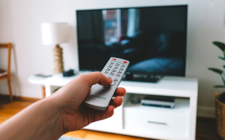Main, télécommande fine et télé floue